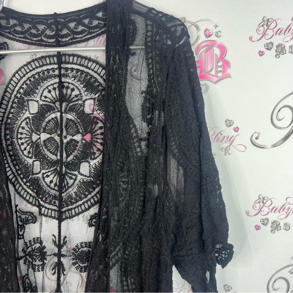 Black Lace cardigan Kimono Cardigan long crochet mesh boho flowy coverup - Picture 4 of 8